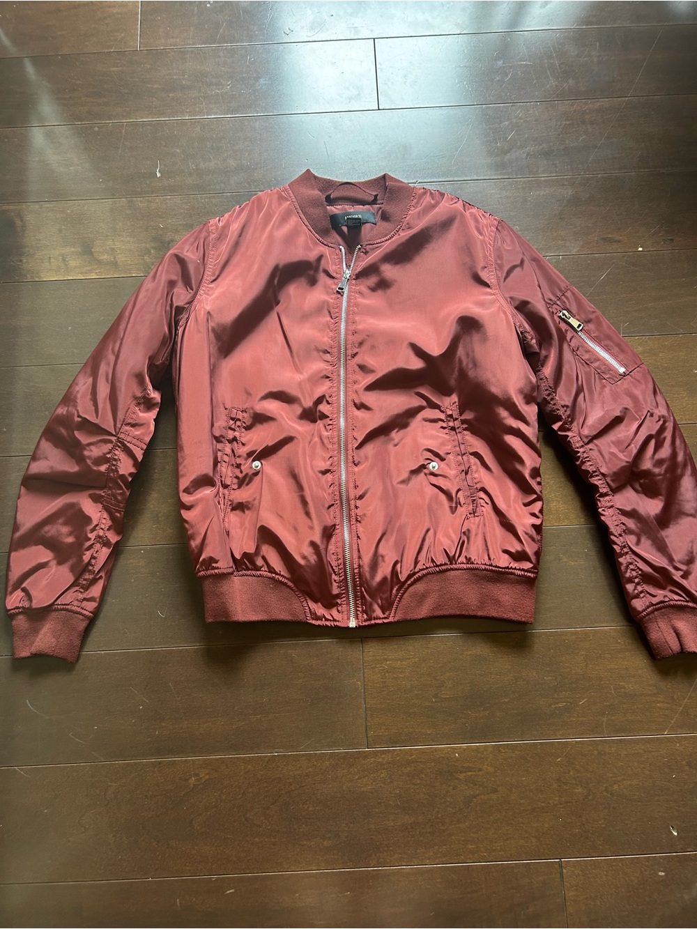 Forever 21 Women's Satin Bomber Jacket - Maroon